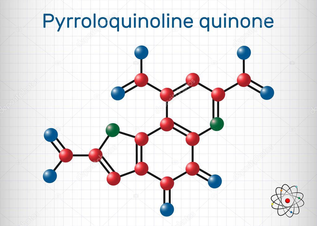 Pyrroloquinoline quinone,  PQQ , methoxatin  C14H6N2O8 molecule. It has a role as a water-soluble vitamin and a cofactor. Sheet of paper in a cage. Vector illustration