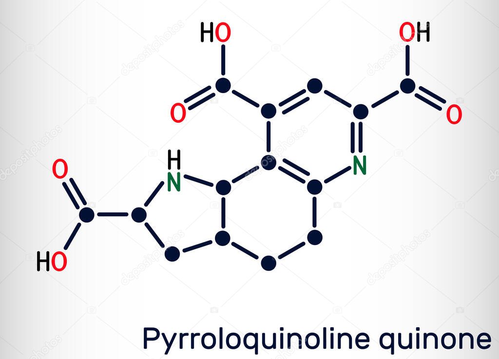 Pyrroloquinoline quinone,  PQQ , methoxatin  C14H6N2O8 molecule. It has a role as a water-soluble vitamin and a cofactor. Structural chemical formula. Vector illustration