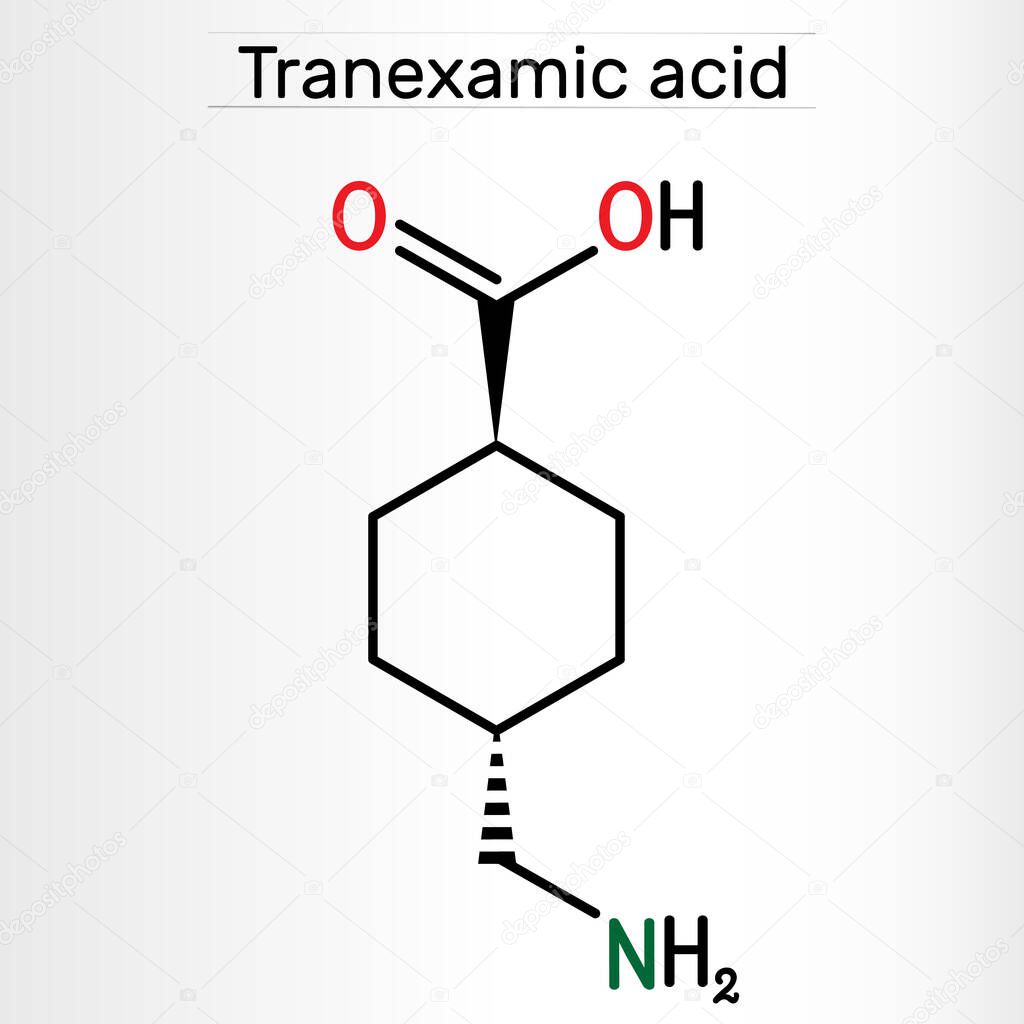 Tranexamic acid, TXA, C8H15NO2 drug molecule, is used for preventing excessive bleeding. Structural chemical formula. Vector illustration