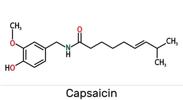 Capsaicin, alkaloid, C18H27NO3 molekülü. Narkotik olmayan analjezik özellikli kırmızı biber özü. Yapısal kimyasal formül, resimleme