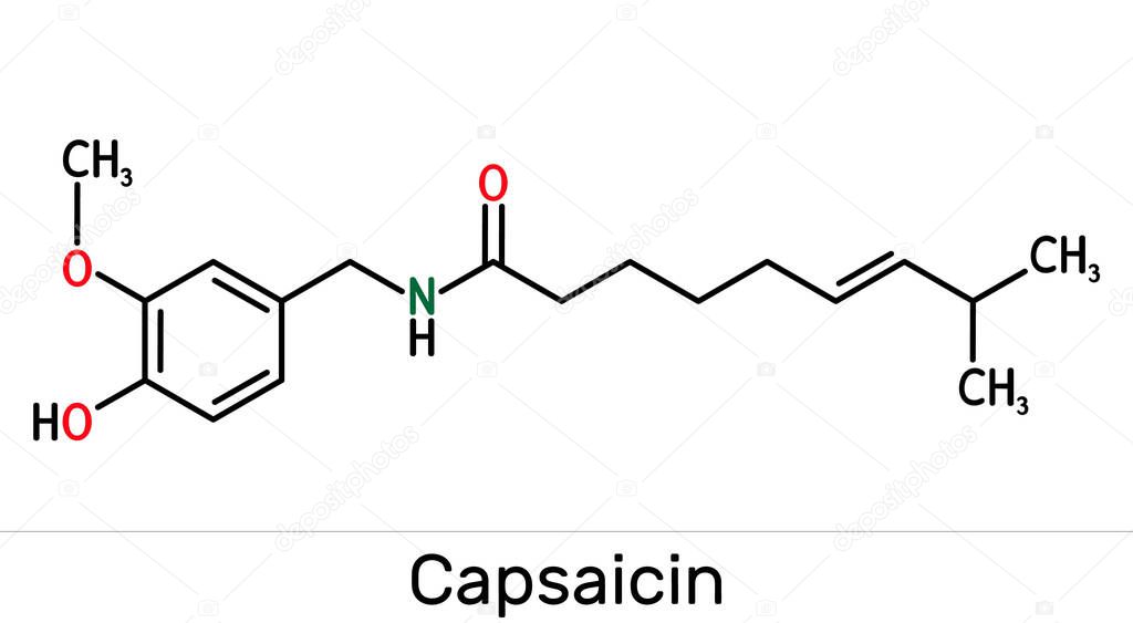 Capsaicin,  alkaloid, C18H27NO3 molecule. It is chili pepper extract with non-narcotic analgesic properties. Structural chemical formula, illustration