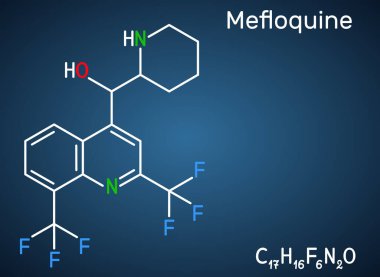 Meflokin, C17H16F6N2O anti-sıtma ilaç molekülü. Sıtma, koronavirüs hastalığı COVID-19 tedavisinde kullanılır. Koyu mavi arkaplanda yapısal kimyasal formül. Vektör illüstrasyonu