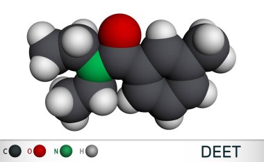DEET, dietiltoluamid, N, N-Dietil-meta-toluamid C12H17NO molekülü. Böcek savarların aktif bileşenidir. Moleküler model. 3B görüntüleme