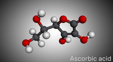 Ascorbic asit, C vitamini, C6H8O6 molekülü. Besin katkı maddesi E300. Moleküler model. 3B görüntüleme