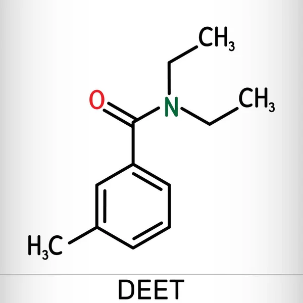 DEET, diethyltoluamide, N,N-Diethyl-meta-toluamide C12H17NO  molecule. It is active ingredient in insect repellents. Skeletal chemical formula. Illustration