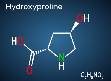 Hidroksilin, Hyp, C5H9NO3 molekülü. Proteojenik amino asidin yaygın bir bileşenidir ve protein kolajenin önemli bir bileşenidir. Koyu mavi arkaplanda yapısal kimyasal formül. Vektör illüstrasyonu