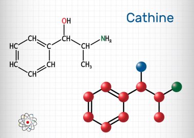 Cathine, norpseudoefedrine, C9H13NO molekülü. Alkaloit, uyarıcı özelliği olan psikoaktif bir ilaç. Bu doğal olarak Catha Edulis 'te bulunur, Khat. Kafesteki bir kağıt parçası. Vektör illüstrasyonu