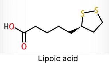 Lipoik asit, LA, ALA, alfa lipoik, tiyotik asit, lipoat molekülü. Organosülfür bileşiği, vitamin benzeri antioksidan, enzim kofaktörü. İskelet kimyasal formülü. Görüntü