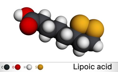 Lipoik asit, LA, ALA, alfa lipoik, tiyotik asit, lipoat molekülü. Organosülfür bileşiği, vitamin benzeri antioksidan, enzim kofaktörü. Yapısal formül, molekül modeli. Moleküler model. 3B görüntüleme