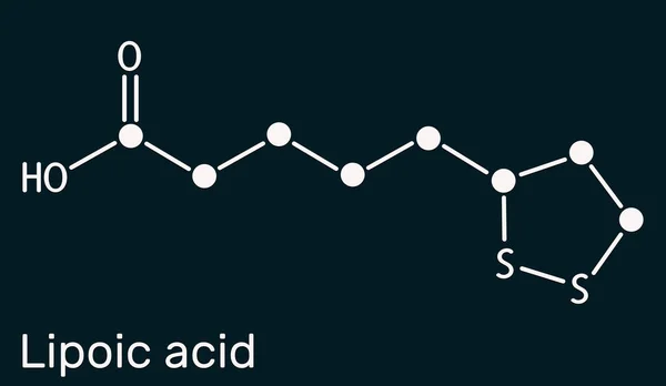 Lipoic acid, LA, ALA,  alpha lipoic, thioctic acid, lipoate molecule. It is organosulfur compound, vitamin-like antioxidant, enzyme cofactor. Skeletal chemical formula. Dark blue background. Illustration