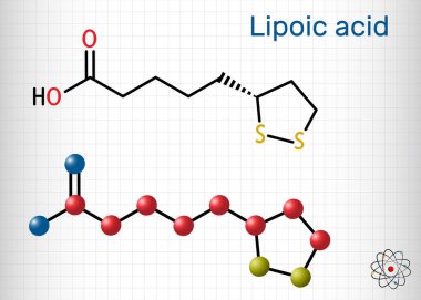Lipoik asit, LA, ALA, alfa lipoik, tiyotik asit, lipoat molekülü. Organosülfür bileşiği, vitamin benzeri antioksidan, enzim kofaktörü. Kâğıtta bir sayfa kağıt. Vektör illüstrasyonu