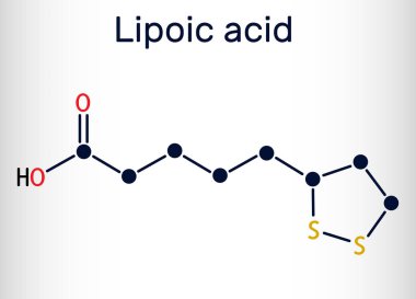 Lipoik asit, LA, ALA, alfa lipoik, tiyotik asit, lipoat molekülü. Organosülfür bileşiği, vitamin benzeri antioksidan, enzim kofaktörü. İskelet kimyasal formülü. Vektör illüstrasyonu 