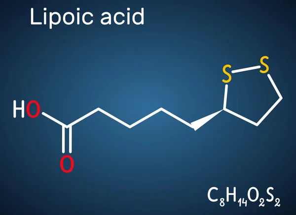 Lipoik asit, LA, ALA, alfa lipoik, tiyotik asit, lipoat molekülü. Organosülfür bileşiği, vitamin benzeri antioksidan, enzim kofaktörü. Koyu mavi arka plan. Vektör illüstrasyonu