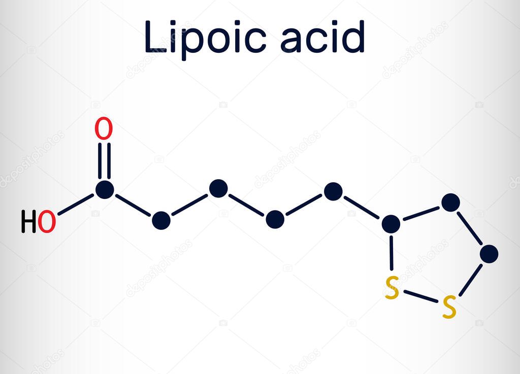 Lipoic acid, LA, ALA,  alpha lipoic, thioctic acid, lipoate molecule. It is organosulfur compound, vitamin-like antioxidant, enzyme cofactor. Skeletal chemical formula. Vector illustration 