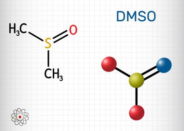 Dimethyl sulfoxide, DMSO, C2H6OS molecule. It is an organosulfur compound, polar aprotic solvent. Structural chemical formula and molecule model. Sheet of paper in a cage. Vector illustration clipart