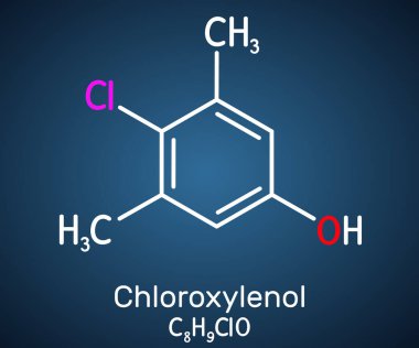 Kloroksilenol, C8H9ClO PCMX molekülü. Deri dezenfeksiyonu ve cerrahi aletler için antiseptik ve dezenfektan. Koyu mavi arkaplanda yapısal kimyasal formül. Vektör illüstrasyonu