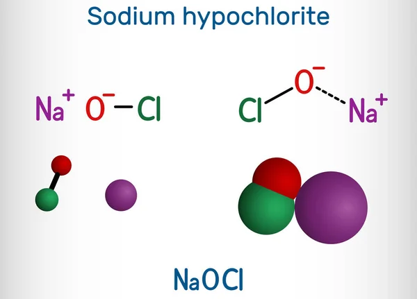 Sodyum hipoklorit, NaoKl molekülü. Sodyum katmanı ve hipoklorit anyonu içeriyor. Sıvı çamaşır suyu ve dezenfektan olarak kullanılır. Yapısal kimyasal formül ve molekül modeli. Vektör illüstrasyonu