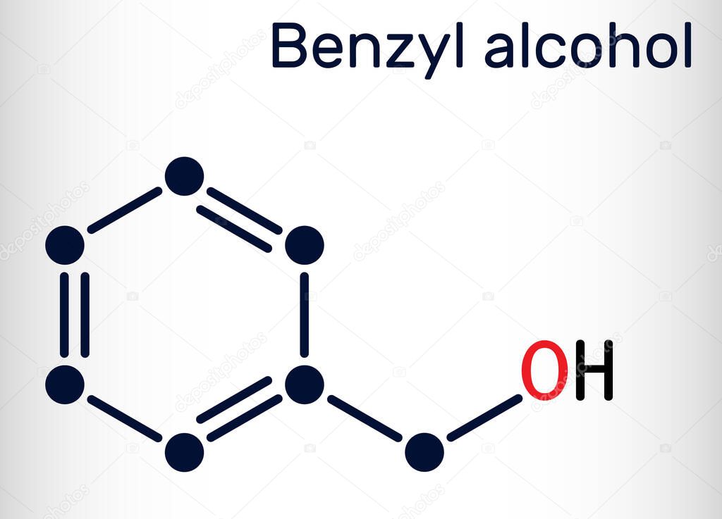 Benzyl alcohol, C7H8O molecule. It is aromatic alcohol, is used as local anesthetic and in perfumes, in cosmetic formulations. Skeletal chemical formula. Vector illustration