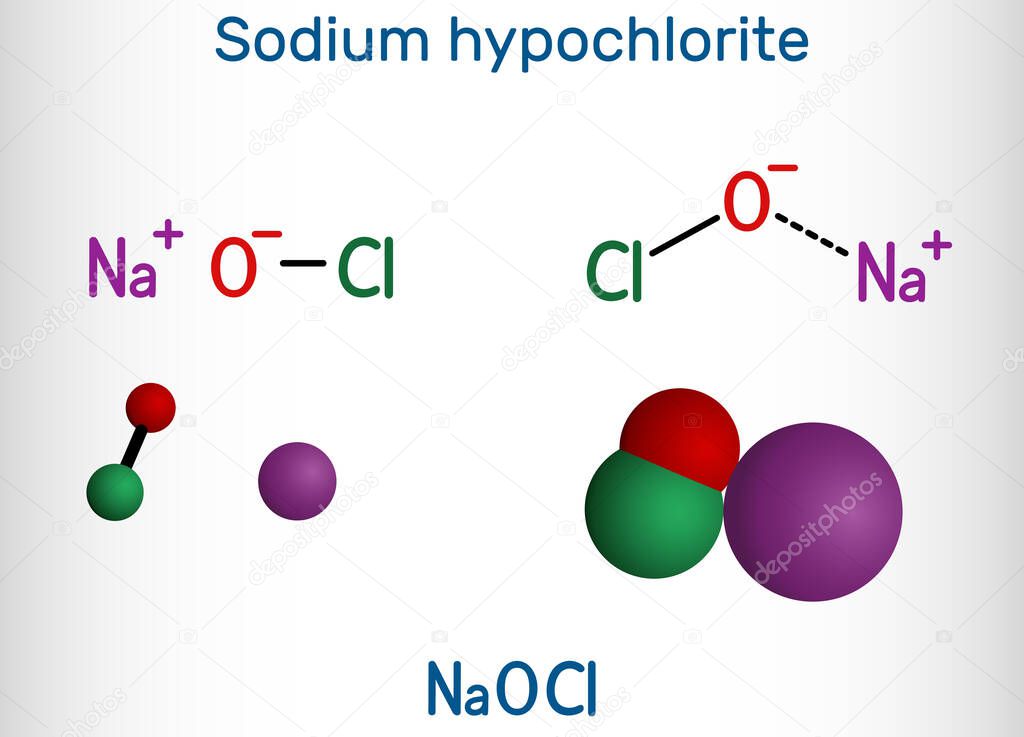 Sodium hypochlorite, NaOCl molecule. It contains a sodium cation and a hypochlorite anion. It is used as a liquid bleach and disinfectant. Structural chemical formula and molecule model. Vector illustration
