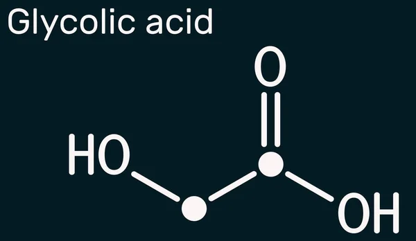 Glycolic acid, hydroacetic or hydroxyacetic acid, C2H4O3 molecule. It is alpha-hydroxy acid, AHA.  Skeletal chemical formula on the dark blue background. Illustration