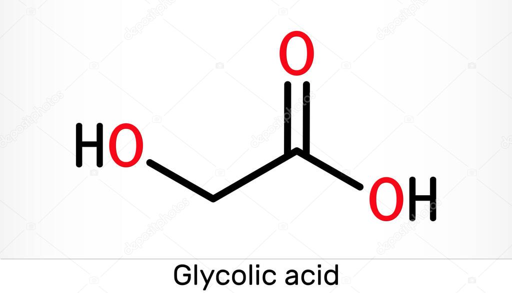 Glycolic acid, hydroacetic or hydroxyacetic acid, C2H4O3 molecule. It is alpha-hydroxy acid, AHA.  Skeletal chemical formula. Illustration
