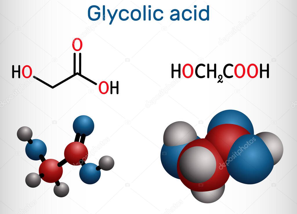 Glycolic acid, hydroacetic or hydroxyacetic acid, C2H4O3 molecule. It is alpha-hydroxy acid, AHA.  Structural chemical formula and molecule model. Vector illustration