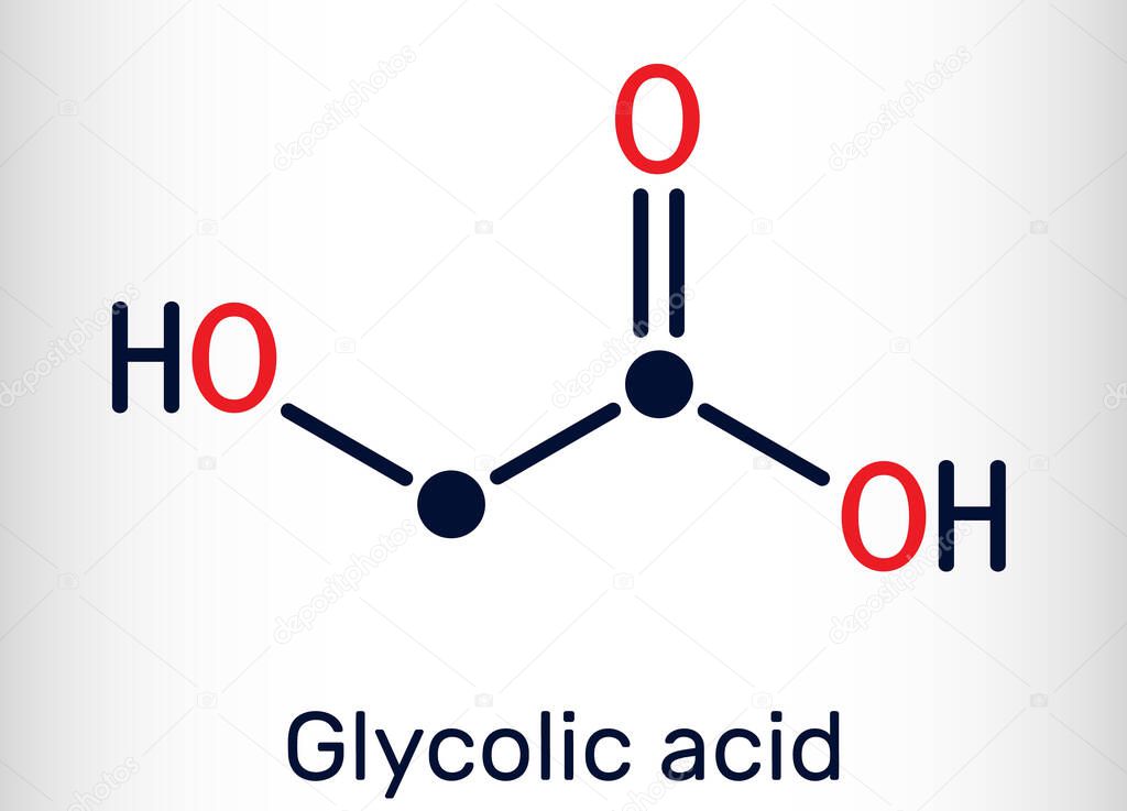 Glycolic acid, hydroacetic or hydroxyacetic acid, C2H4O3 molecule. It is alpha-hydroxy acid, AHA.  Structural chemical formula. Vector illustration