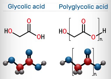 Glycolic acid hydroacetic, hydroxyacetic acid and polyglycolic acid polyglycolic acid, PGA molecule. Structural chemical formula and molecule model. Vector illustration clipart