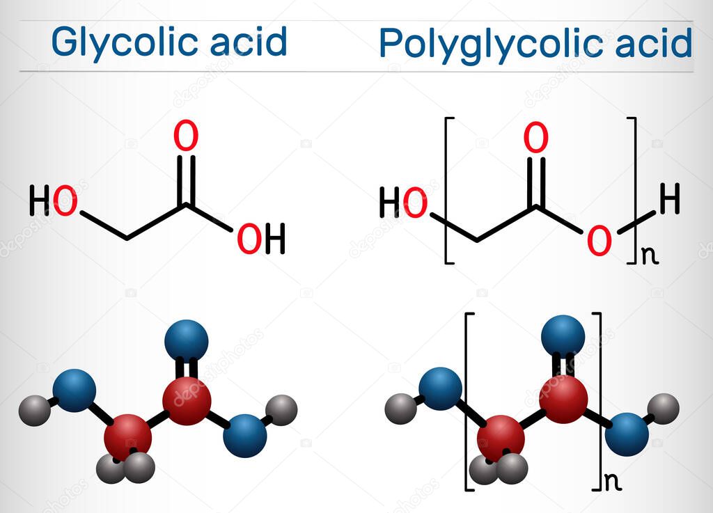 Glycolic acid hydroacetic, hydroxyacetic acid and polyglycolic acid polyglycolic acid, PGA molecule. Structural chemical formula and molecule model. Vector illustration