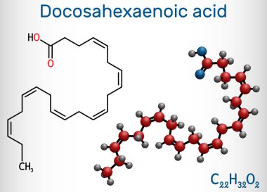 Docosahexaenoic asit, DHA, doconexent, servonik asit molekülü. Omega-3 yağ asidi. Yapısal kimyasal formül ve molekül modeli. Vektör illüstrasyonu