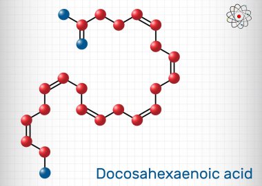 Docosahexaenoic asit, DHA, doconexent, servonik asit molekülü. Omega-3 yağ asidi. Kâğıtta bir sayfa kağıt. Vektör illüstrasyonu