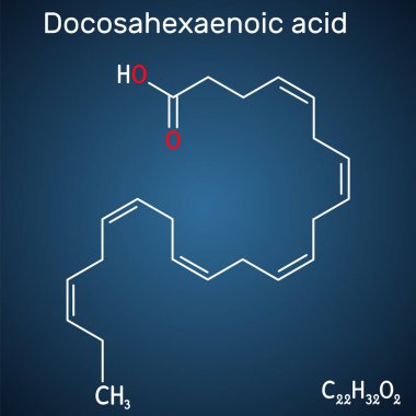 Docosahexaenoic asit, DHA, doconexent, servonik asit molekülü. Omega-3 yağ asidi. Koyu mavi arkaplanda yapısal kimyasal formül. Vektör illüstrasyonu