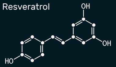 Resveratrol, trans-resveratrol molekülü. Durgun, doğal fenol, phytoalexin, antioksidan. Koyu mavi arka planda iskelet kimyasal formül. Görüntü