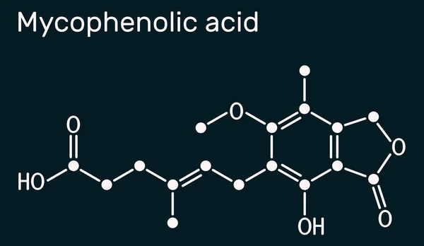 红霉素酸 Mpa 红霉素 C17H20O6分子 它是一种免疫抑制药物 具有强烈的抗增殖作用 深蓝色背景上的骨骼化学式 说明1 — 图库照片