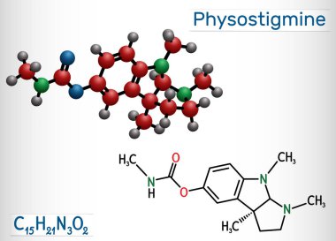 Physostigmine, eserine, C15H21N3O2 molekülü. Kolinesteraz inhibitörü, zehirli parazitomimetik indole alkaloid. Yapısal kimyasal formül ve molekül modeli. Vektör illüstrasyonu