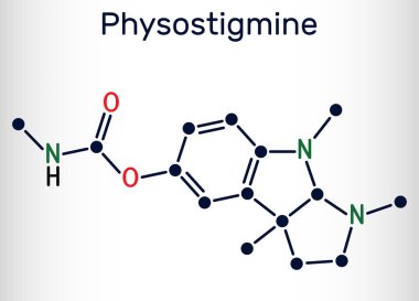 Physostigmine, eserine, C15H21N3O2 molekülü. Kolinesteraz inhibitörü, zehirli parazitomimetik indole alkaloid. İskelet kimyasal formülü. Vektör illüstrasyonu