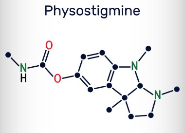 Physostigmine, eserine, C15H21N3O2 molecule. It is cholinesterase inhibitor, toxic parasympathomimetic indole alkaloid. Skeletal chemical formula. Vector illustration clipart