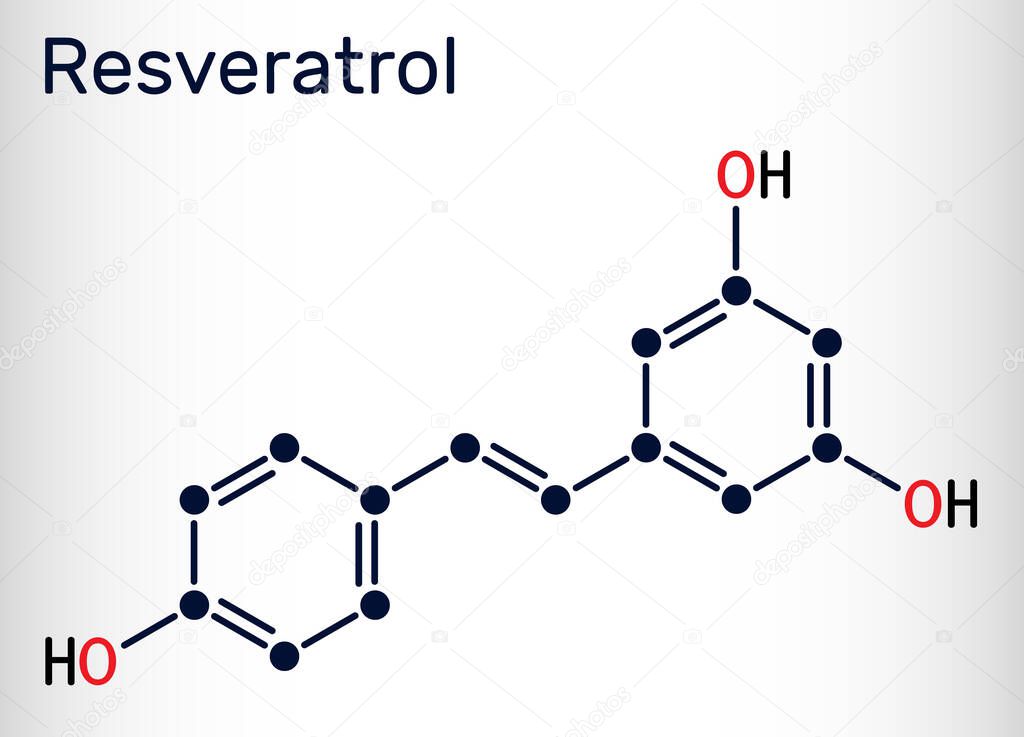 Resveratrol, trans-resveratrol molecule. It is stilbenoid, natural phenol, phytoalexin, antioxidant. Structural chemical formula. Vector illustration