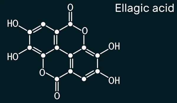 胶原酸 C14H6O8分子 它是天然酚抗氧化剂 膳食补充剂 深蓝色背景上的骨骼化学式 说明1 — 图库照片