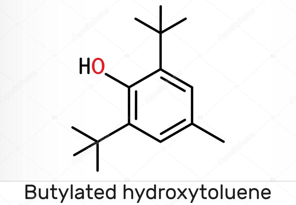 Butylated hydroxytoluene, BHT, dibutylhydroxytoluene molecule. It is lipophilic organic compound, antioxidant, food additive E321. Skeletal chemical formula. Illustration