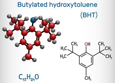 Butylated hydroxytoluene, BHT, dibütil hidroksitolüen molekülü. Lipophilik organik bileşik, antioksidan, gıda katkı maddesi E321. Yapısal kimyasal formül ve molekül modeli. Vektör illüstrasyonu