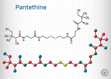 Pantethine, o-enzim pantethine, bis-pantethine molekülü. Pantetheine 'in dimerik formu. Kan kolesterolünü düşürmek için. Kafesteki bir kağıt parçası. Yapısal kimyasal formül ve molekül modeli. Vektör illüstrasyonu