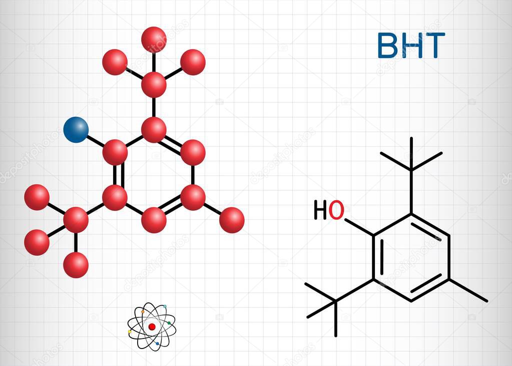 Butylated hydroxytoluene, BHT, dibutylhydroxytoluene molecule. It is lipophilic organic compound, antioxidant, food additive E321. Sheet of paper in a cage. Vector illustration