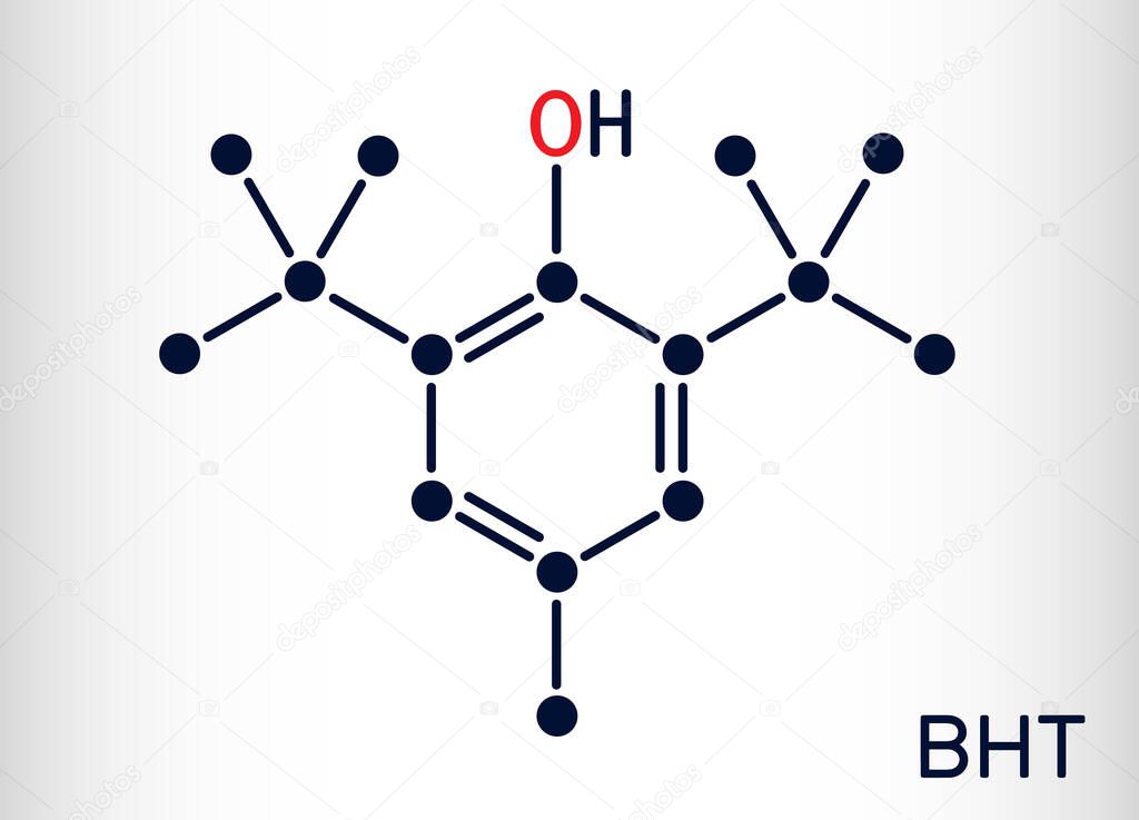 Butylated hydroxytoluene, BHT, dibutylhydroxytoluene molecule. It is lipophilic organic compound, antioxidant, food additive E321. Skeletal chemical formula. Vector illustration