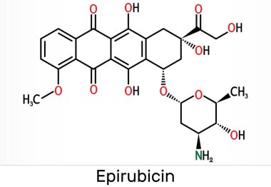 Epirubicin molekülü. Kemoterapi için antraksilin ilacı. İskelet kimyasal formülü. Görüntü