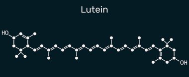 Lutein, xanthophyll molekülü. Bir tür karotenoid, gıda katkı maddesi E161b. Koyu mavi arkaplanda yapısal kimyasal formül. Görüntü