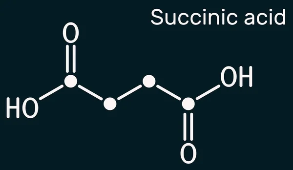 Succinic acid, butanedioic acid, C4H6O4 molecule. It is food additive E363.The anion, succinate, is component of citric acid or TCA. Skeletal chemical formula on the dark blue background. Illustration