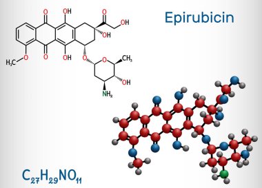 Epirubicin molekülü. Kemoterapi için antraksilin ilacı. Yapısal kimyasal formül ve molekül modeli. Vektör illüstrasyonu