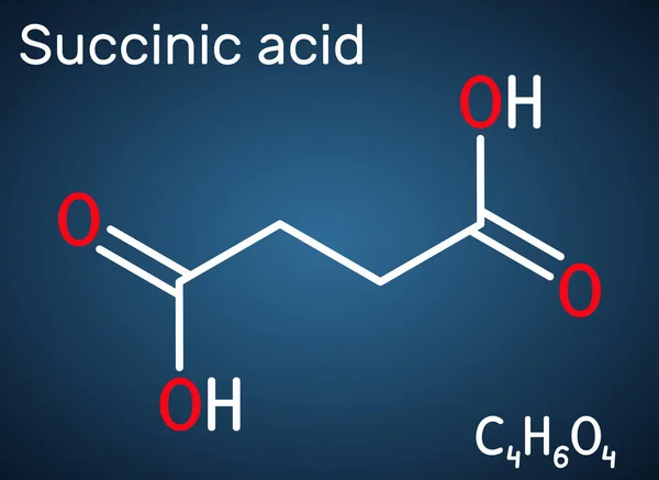 吸虫酸 ブタネジオ酸 C4H6O4分子 これは 食品添加物E363 アニオン コハク酸は クエン酸またはTcaの成分です 濃い青の背景に構造化学式 ベクターイラスト — ストックベクタ