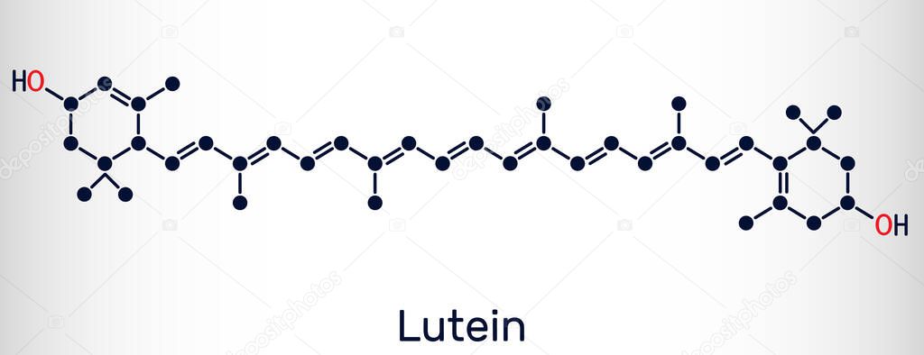 Lutein, xanthophyll molecule. It is type of carotenoid, food additive E161b. Structural chemical formula. Vector illustration